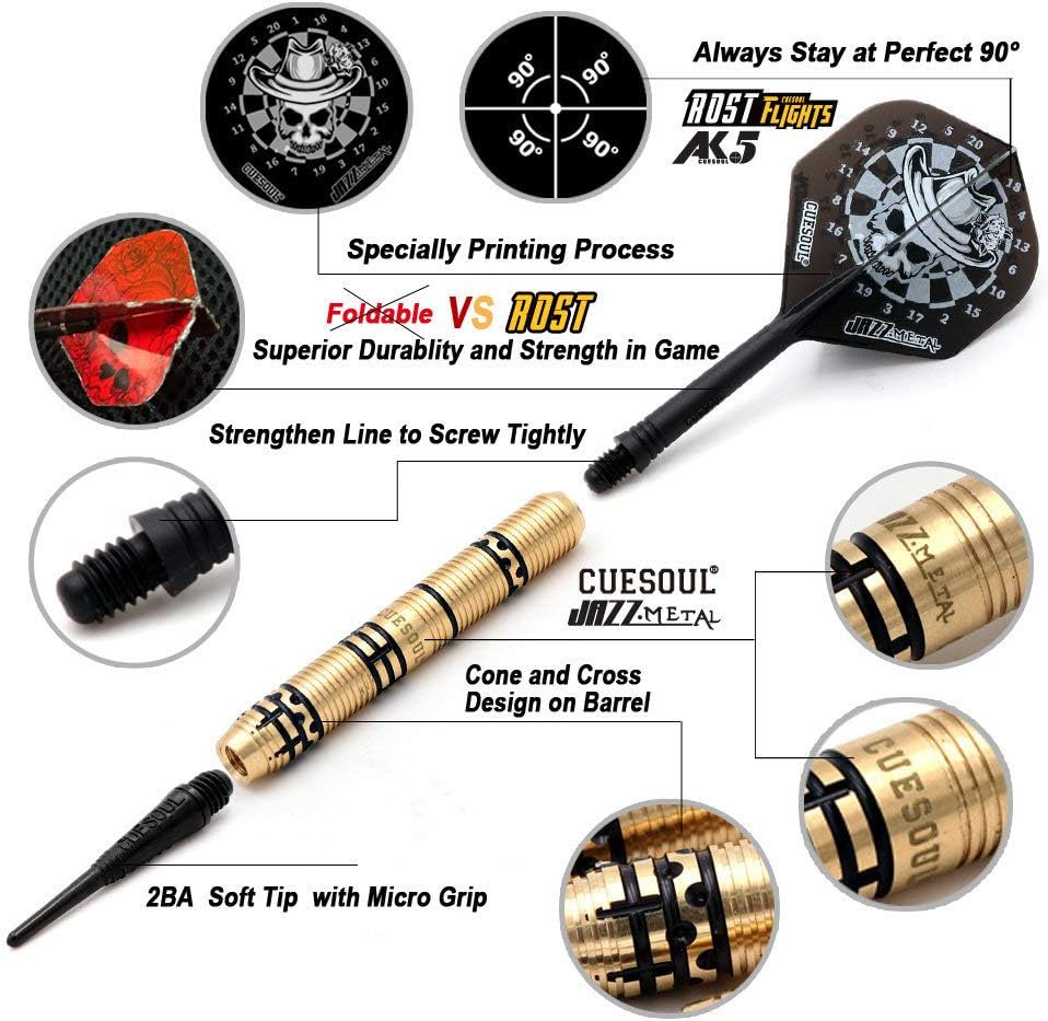 CUESOUL Jazz-Metal 19g Soft Tip Dart Set aus schwarz beschichtetem Messing mit integrierten AK5 Flig