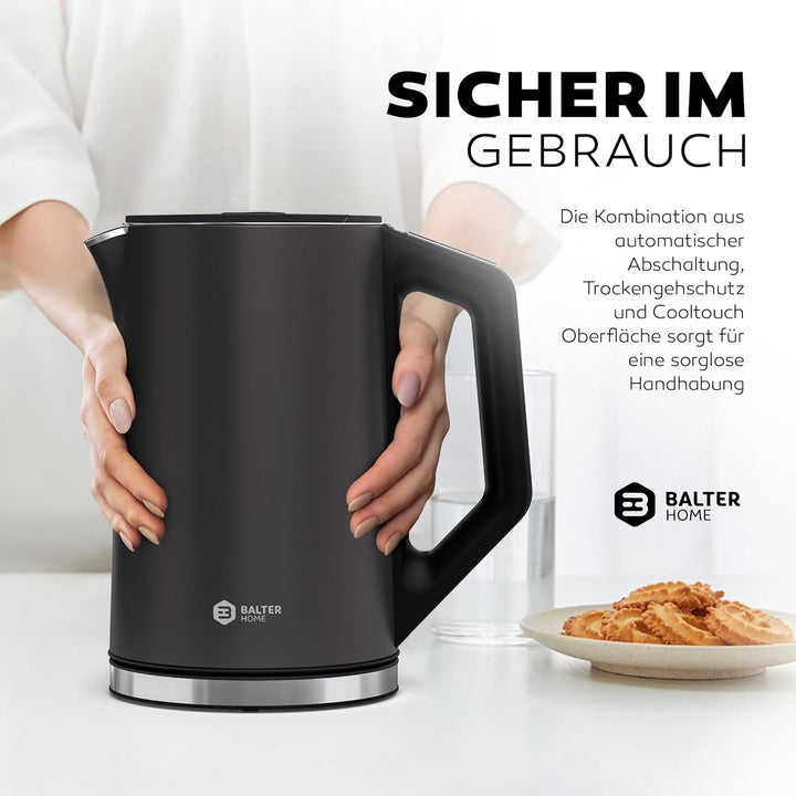 BALTER Edelstahl Wasserkocher mit Temperatureinstellung, 40°C-100°C, Doppelwand, BPA frei, leise & k