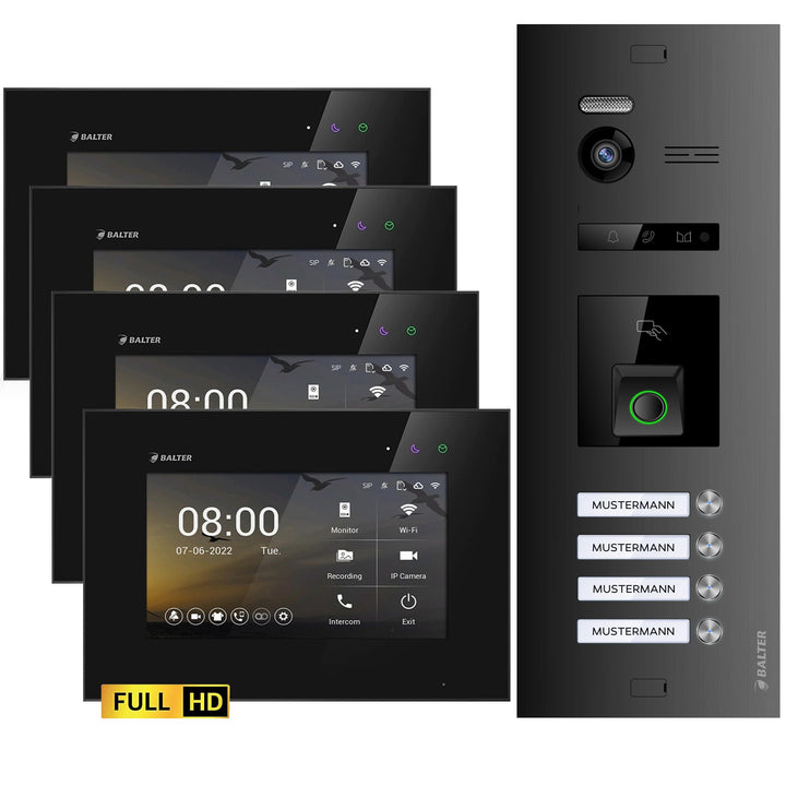 Balter EVO-HD Video Türsprechanlage mit Fingerprint, Video Türklingel, 4 Familienhaus, 3X 7 Zoll Mon