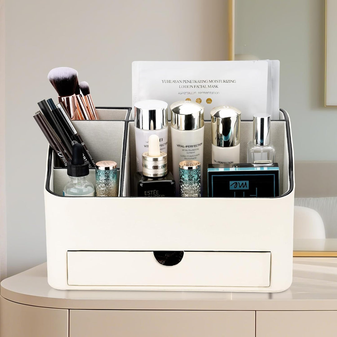 KINGFOM Make-up-Organizer mit Schublade, kompakte Beauty-Aufbewahrung für Schminktisch, PU-Leder Hau