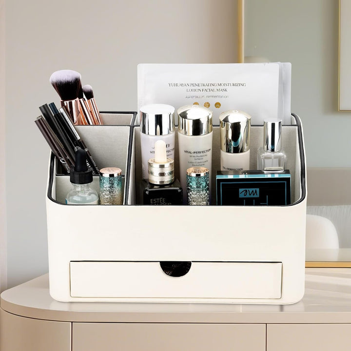 KINGFOM Make-up-Organizer mit Schublade, kompakte Beauty-Aufbewahrung für Schminktisch, PU-Leder Hau