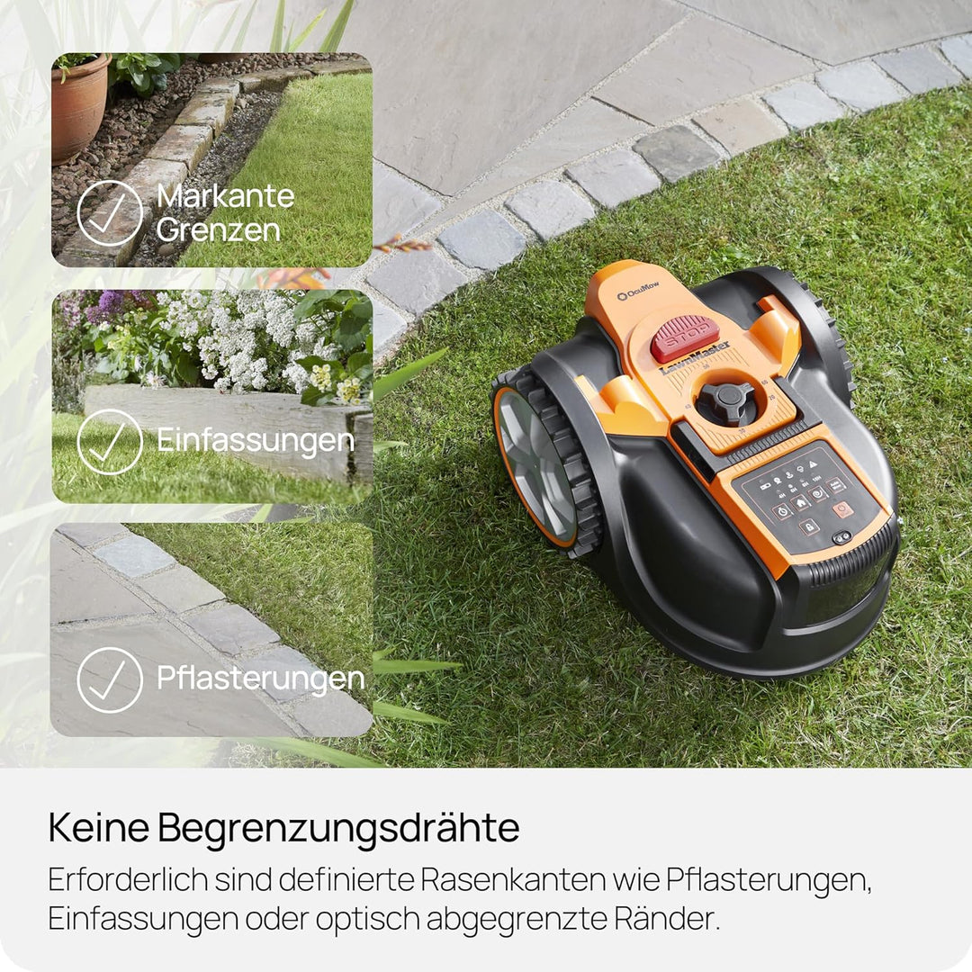 Lawnmaster OcuMow®16 Rasenmäher Roboter Mähroboter ohne Begrenzungskabel bis 300 m², Smarte Hinderni