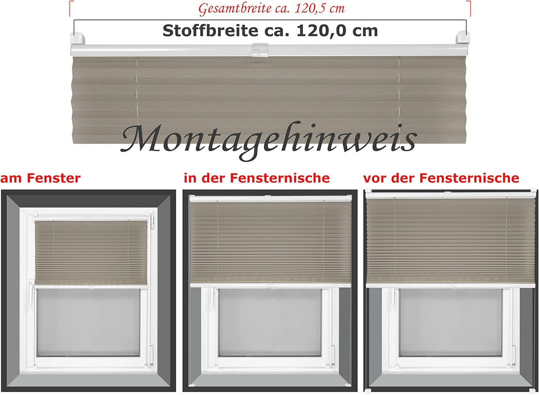 Plissee - vormontiert und mit Klemmfixierung am Fensterahmen - kinderleichte 3-Step Montage, ca. 120