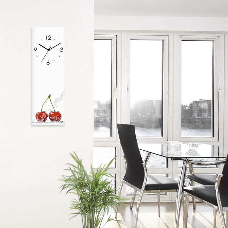 ARTLAND Wanduhr ohne Tickgeräusche Glas Quarzuhr 20x60 cm Rechteckig Lautlos Obst Früchte Kirsche im