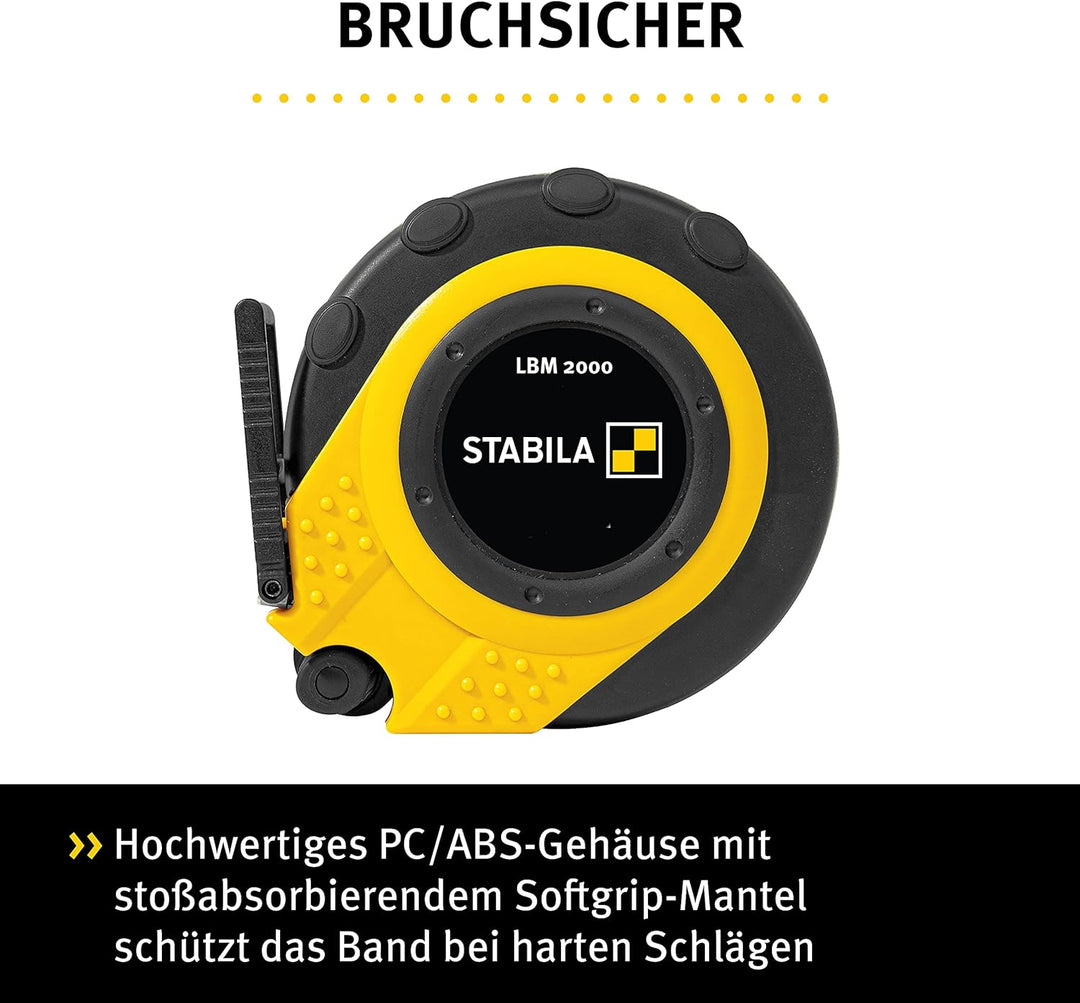 STABILA Kapselbandmass LBM 2000 FIBREGLASS, 30 m, Glasfaser-Messband mit metrischer Skala und Knicks