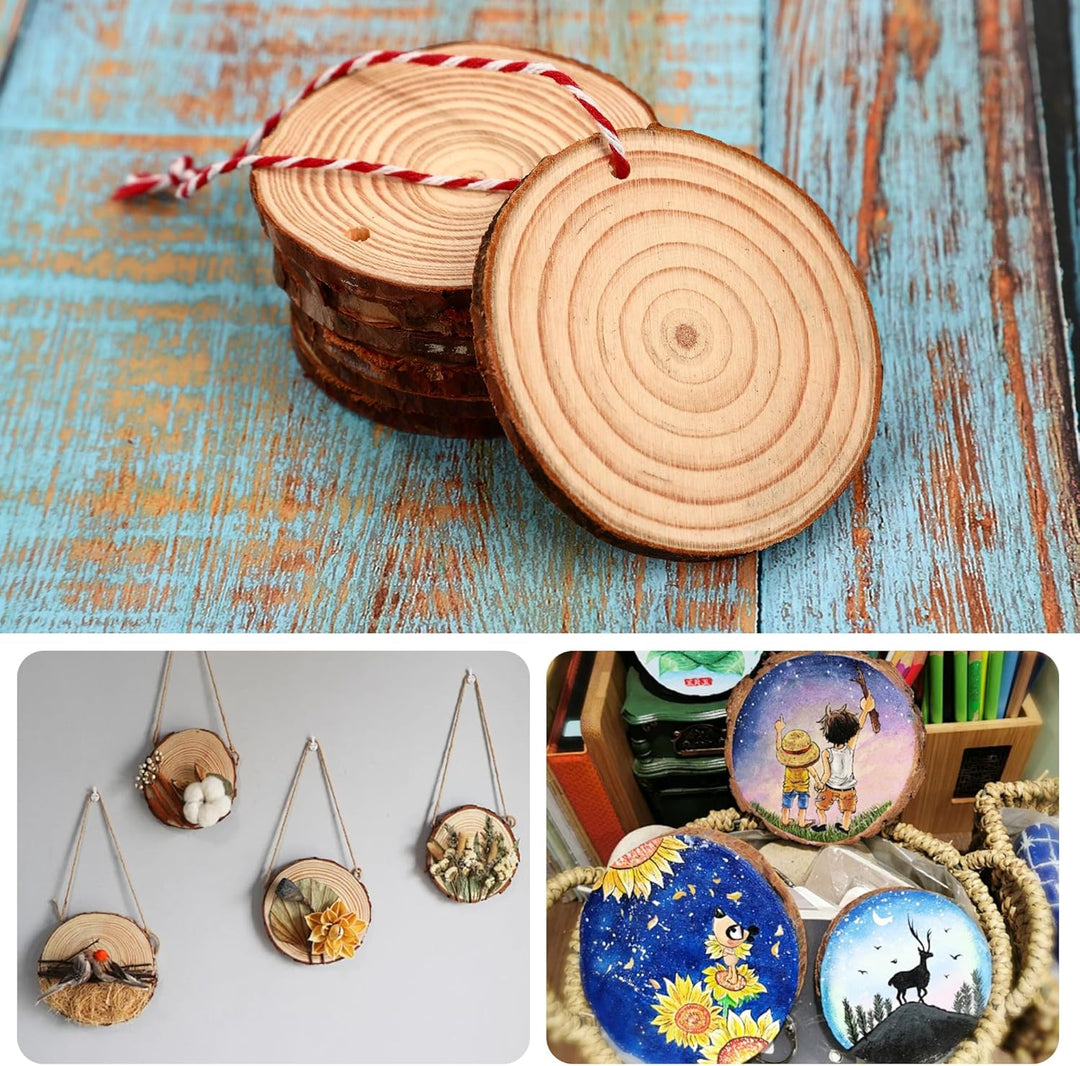 40 Stück Holzscheiben 7-8 cm,Rund Holzscheiben zum Basteln mit zwei Baumwollschnüren,Holzscheibe aus