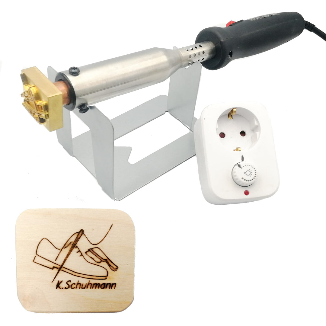 elektrischer Brandstempel mit deinem Schriftzug im Motiv "Schuhmacher" für Leder, Holz, Pappe - pers