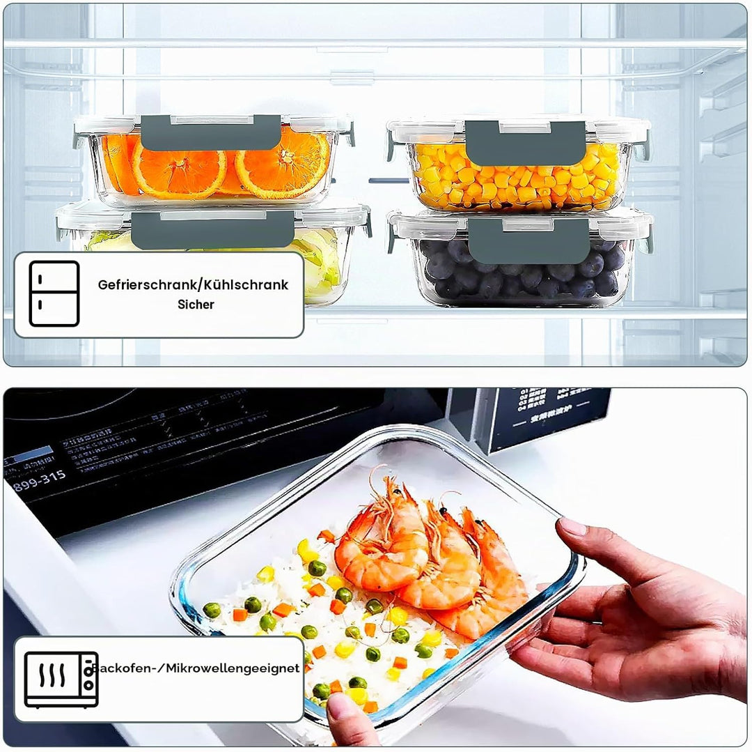 VERONES 10 Stück Glas Crisper Set, luftdichte Glas-Lunchbehälter, Abgedichtete & stapelbare Glasbehä