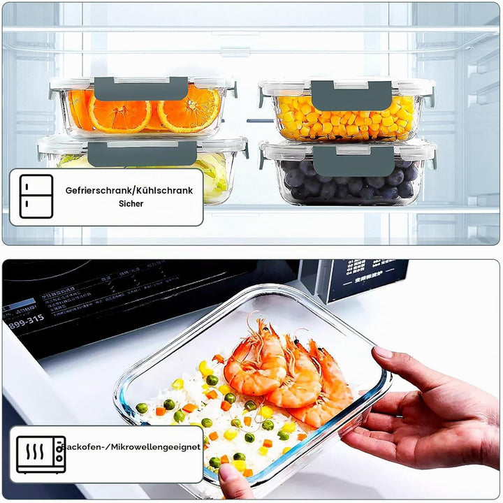 VERONES 10 Stück Glas Crisper Set, luftdichte Glas-Lunchbehälter, Abgedichtete & stapelbare Glasbehä
