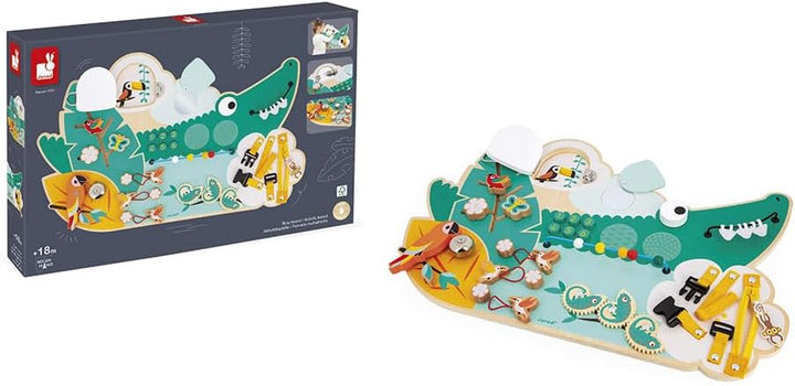 Janod - Busy Board Croco - Activity Board - Thema Dschungeltiere - 14 Aktivitäten - Kinderspielzeug