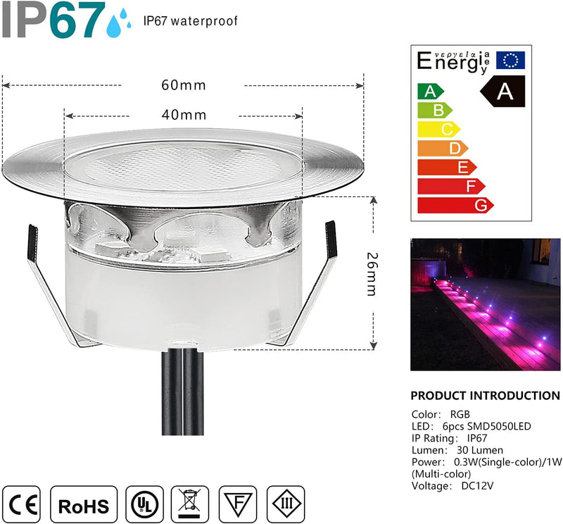 Treppen Bodeneinbaustrahler 10er Set, RGB Farbwechsel-LED Terrasse Licht IP67 Wasserdicht Terrassen