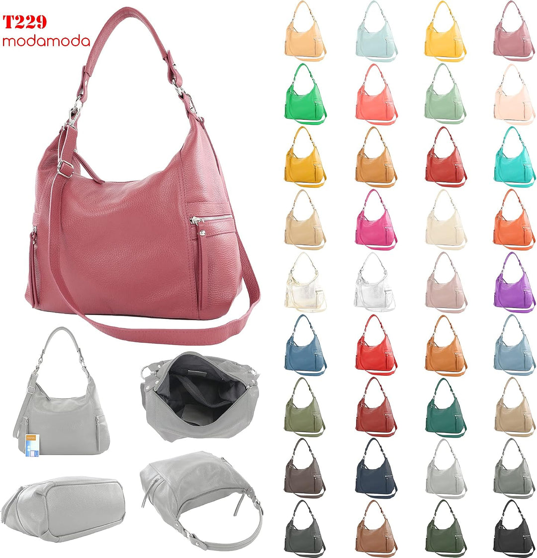 modamoda de - T229 - ital Schultertasche Shopper aus Leder Altrosa, Altrosa