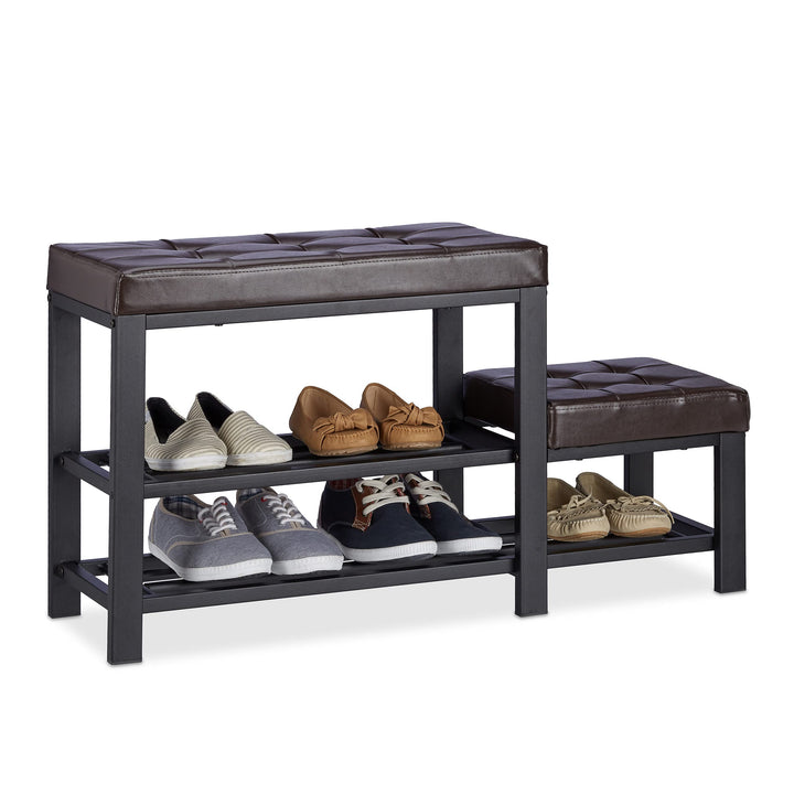Relaxdays, braun Schuhbank mit Hocker, gemütliche Sitzpolster, Schuhablage 2 Ebenen, Kinder, HBT: 50