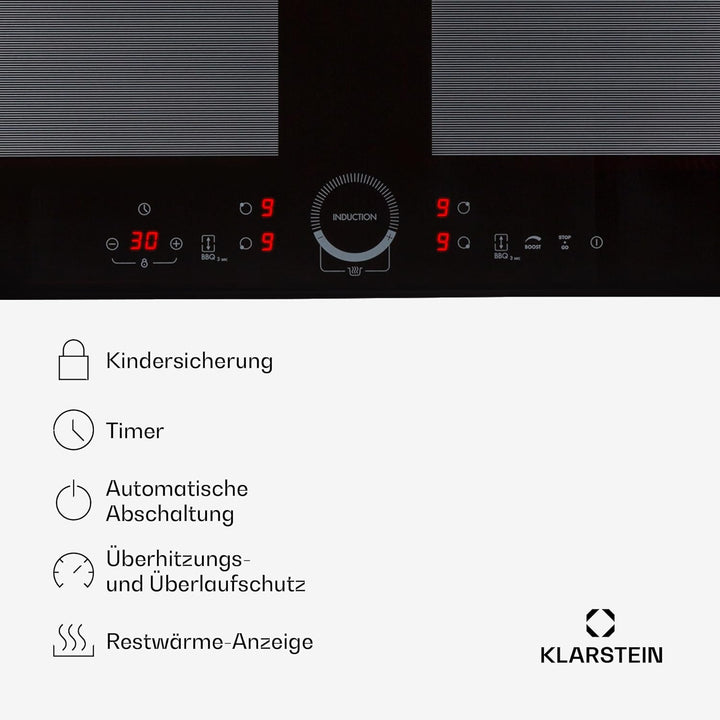 Klarstein Induktionskochfeld 4 Platten, Glaskeramik Kochfeld zum Einbauen, Touch-Display, Digitalanz