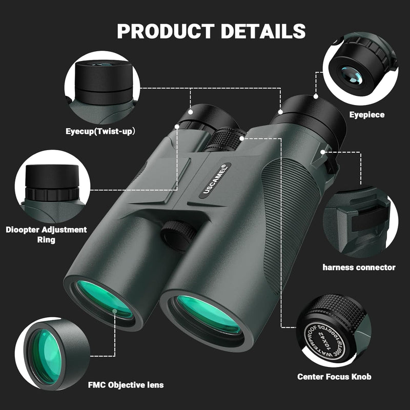 USCAMEL Fernglas Testsieger, 10x42 Wasserdicht Metallische Spiegelkörper Grüner Film Hohe Binoculars