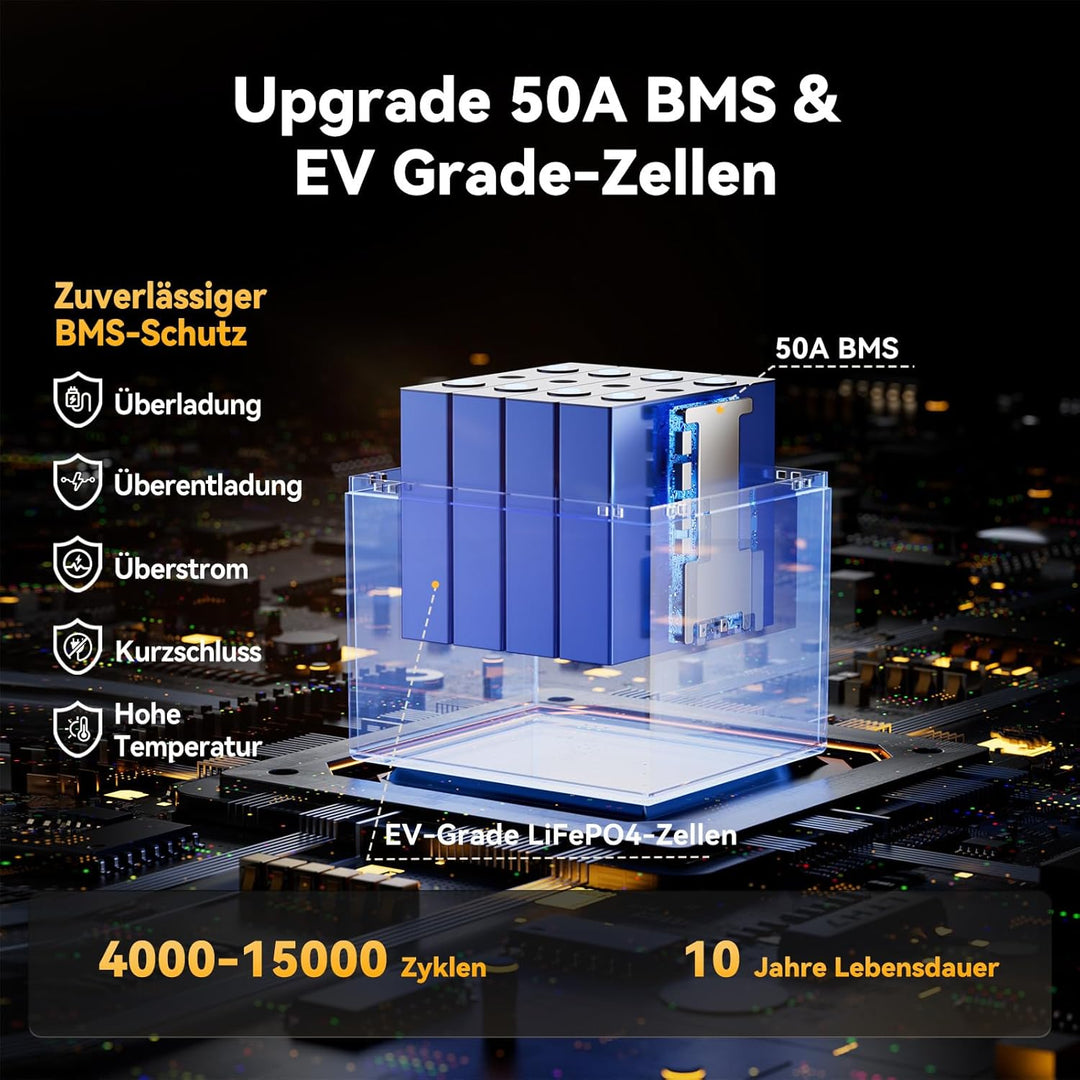 Power Queen 12,8 V 50 Ah LiFePO4 Lithium-Batterie, 640Wh Lithium Akku, über 4000+ Zyklen, Ersatzbatt
