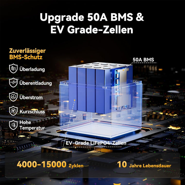 Power Queen 12,8 V 50 Ah LiFePO4 Lithium-Batterie, 640Wh Lithium Akku, über 4000+ Zyklen, Ersatzbatt