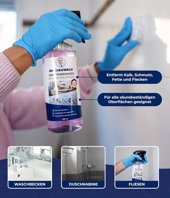 Dr. Rauwald Premium Sanitärreiniger mit Abperleffekt 3x [750ml] – Extra Stark gegen Kalk & Schmutz –