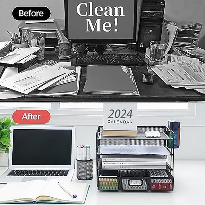 Marbrasse Schreibtisch Organizer,4-stöckig Papier Briefablage Organizer mit Schublade,2 Stifthalter,