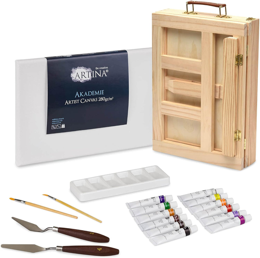 Artina Milano 19tlg Acryl Malset im Malkoffer - Künstlerset mit Kofferstaffelei, 12x 12ml Acrylfarbe