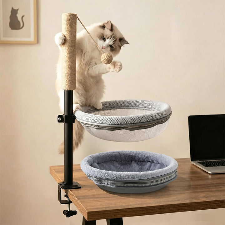 Katzenbett Schreibtisch 360° Drehbar (35 cm) - Höhenverstellbare | Katzenplattform mit 2 Wechsel-Bez