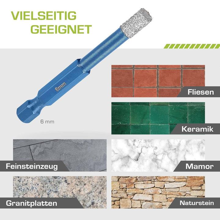 Profi Fliesenbohrer 6mm BIT Adapter - Diamantbohrer für Feinsteinzeug, harte Fliesen uvm. Diamantboh