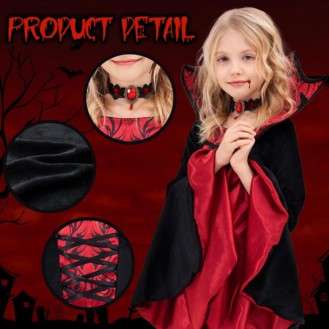 Funnlot Vampir Kostüm Mädchen Gothic Halloween Kostüm Kleid mit Vampir Zähne Kinder Karneval Faschin