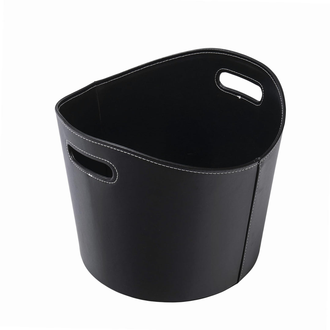 Runder Holzkorb WERKA PRO Ø39xh 31cm Schwarzes Kunstleder Similicuir noir, Similicuir noir