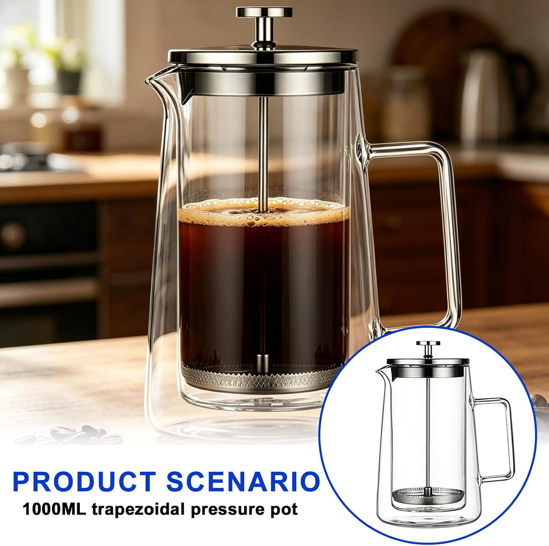 French Press 1 Liter Kaffeepresse, Kaffeebereiter Doppelwand Glas Kaffeepresse mit Edelstahl-Filter,