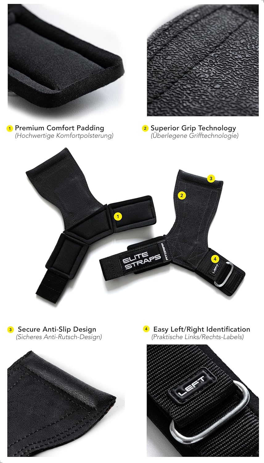 Fitgriff® Elite Straps 2.0 - Zughilfen mit Gummi-Pad für Krafttraining - Bodybuilding, Fitness, Gym
