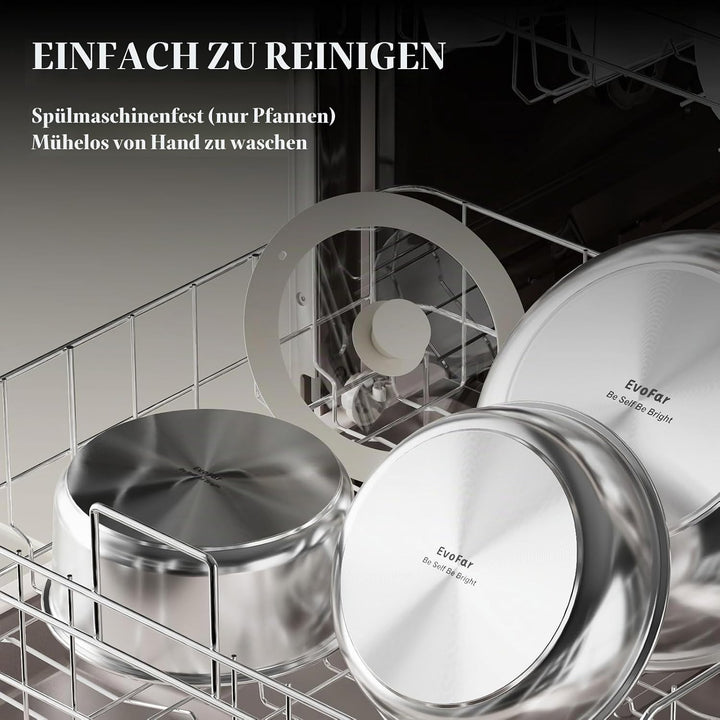 EvoFar Topfsets Edelstahl Pfannenset 14Stk Kochgeschirr Set mit Abnehmbaren Griffen, Pfanne 24cm, To