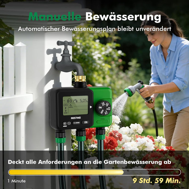 RESTMO 3 Zonen Bewässerungscomputer, grosses Display bewässerungsuhr, automatisch/manuell/Regenverzö