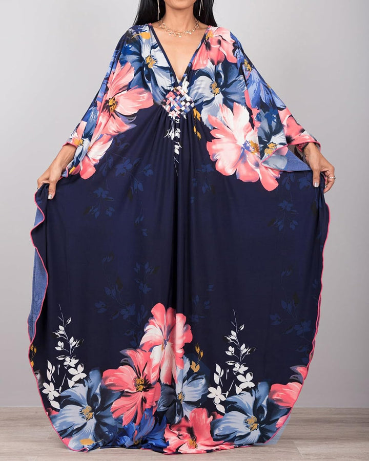 Bsubseach Damen Ethnic Print Kaftan Beach Dress Plus Size Strandkleid F-Navy Blume, F-Navy Blume