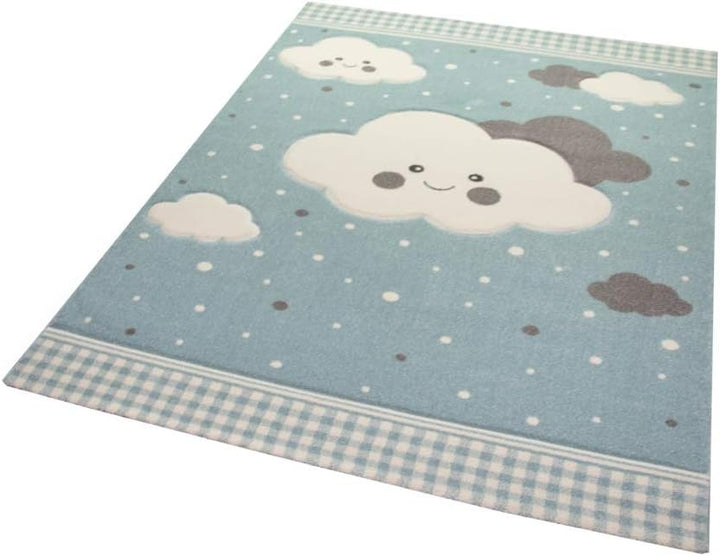 Merinos Teppich für Kinder mit Wolken Spielteppich in Blau Grösse 120 cm Rund, 120 cm Rund