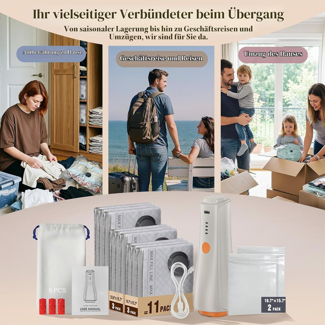 Vakuumbeutel für Kleidung mit Kabelloser Vakuumpumpe in Orange, 11 Stück Wiederverwendbare Vakuumier