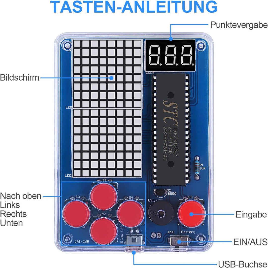 DIY Spielekonsole Löten Bausatz, Elektronik Baukasten DIY Elektronik Lötübungsset mit Acrylgehäuse H