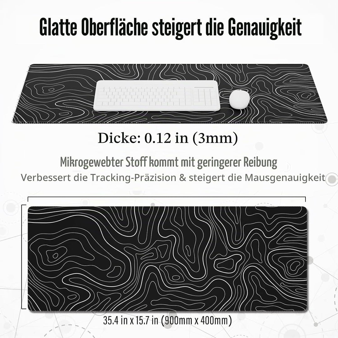 Ovenbird Grosses Gaming-Mauspad mit genähten Kanten, topografische Karten, XL-Mauspad mit rutschfest