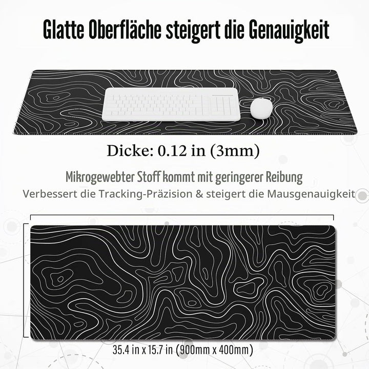 Ovenbird Grosses Gaming-Mauspad mit genähten Kanten, topografische Karten, XL-Mauspad mit rutschfest