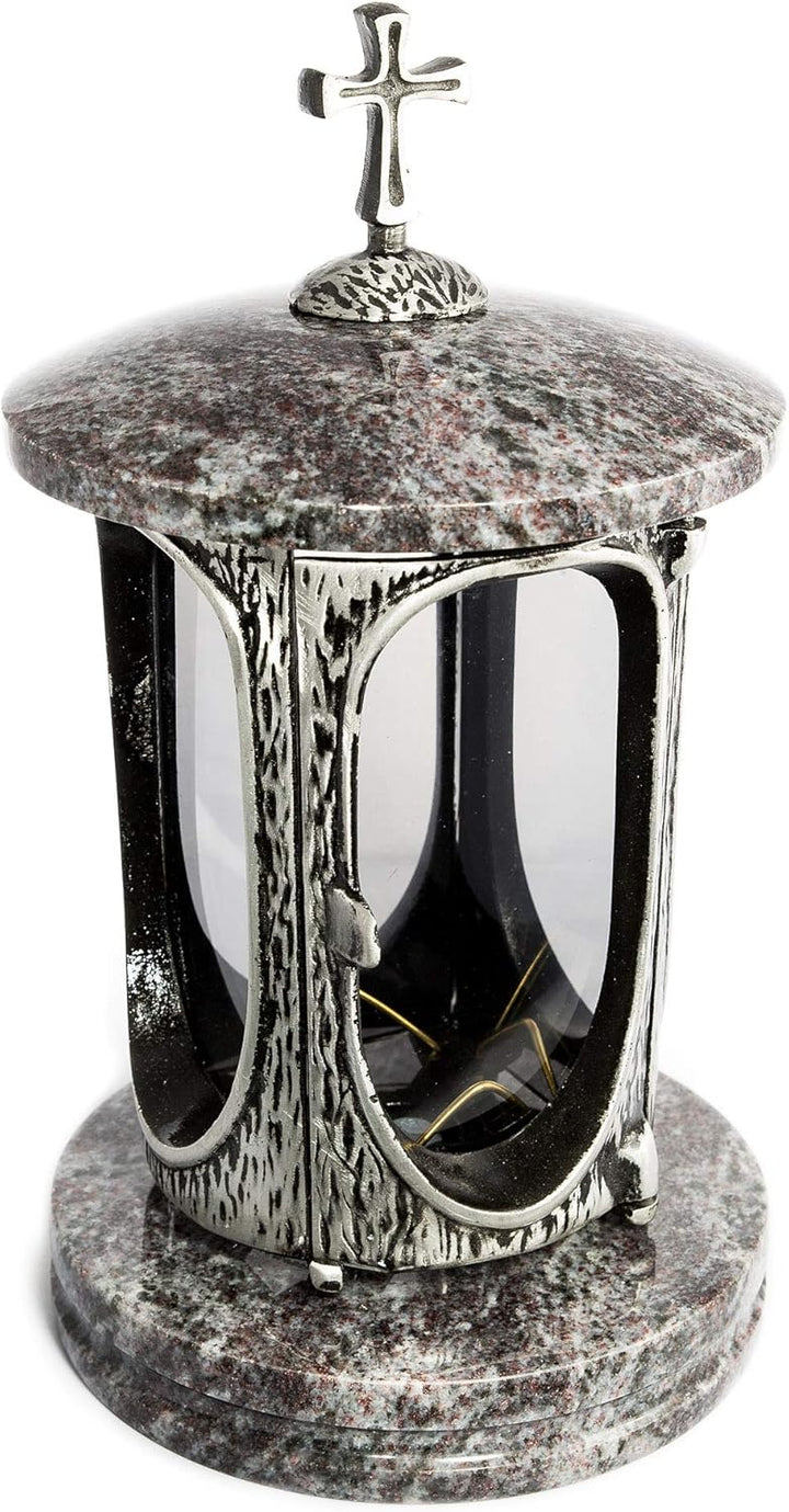 Stilvolle Grablaterne Anthrazit mit Kreuz Granit Orion hell Höhe 27 cm/Ø 15 cm Grableuchte Grablicht