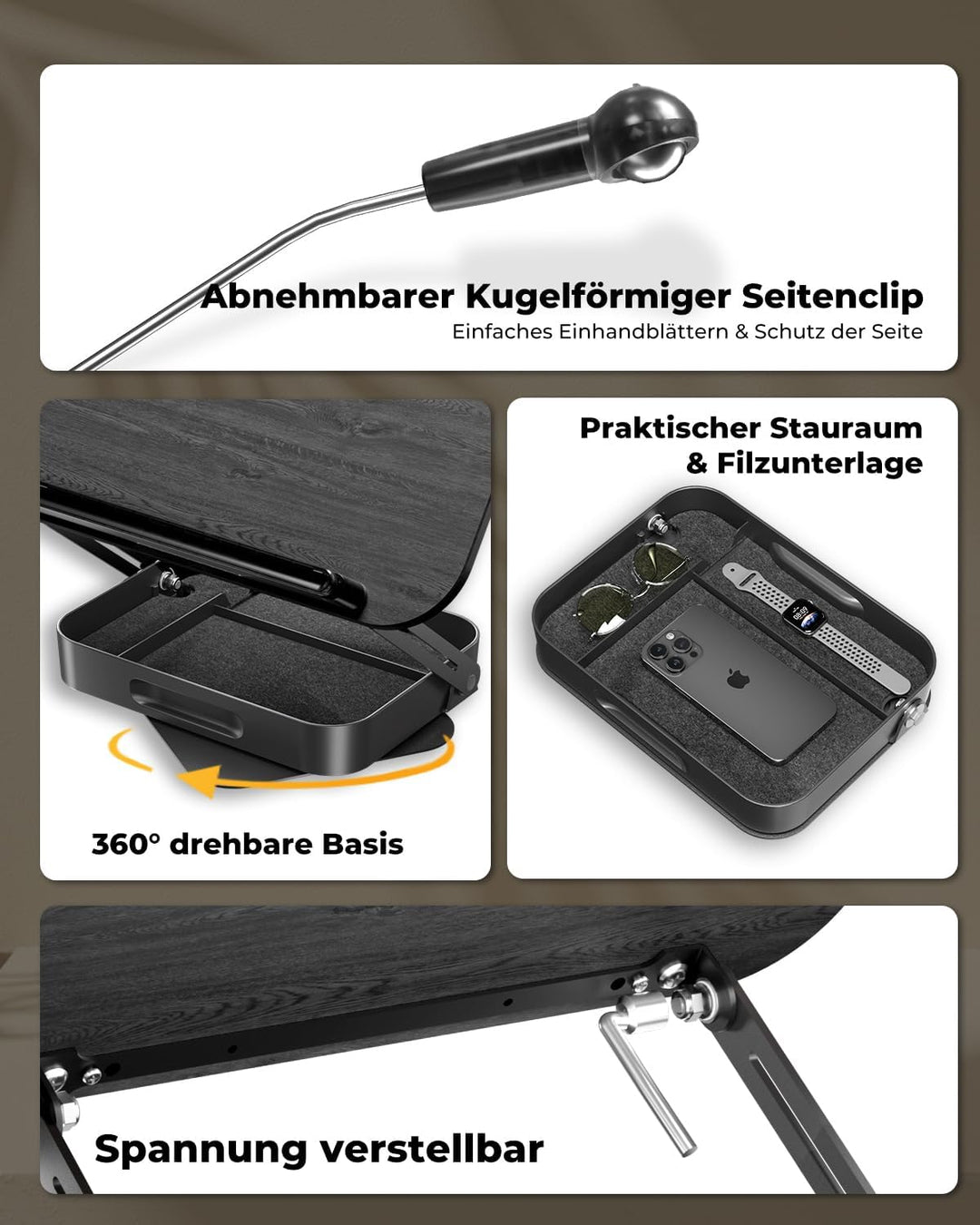 SupeDesk Buchständer Holz mit praktischem Stauraum, 360° drehbarer Buchhalter Leseständer, höhenvers