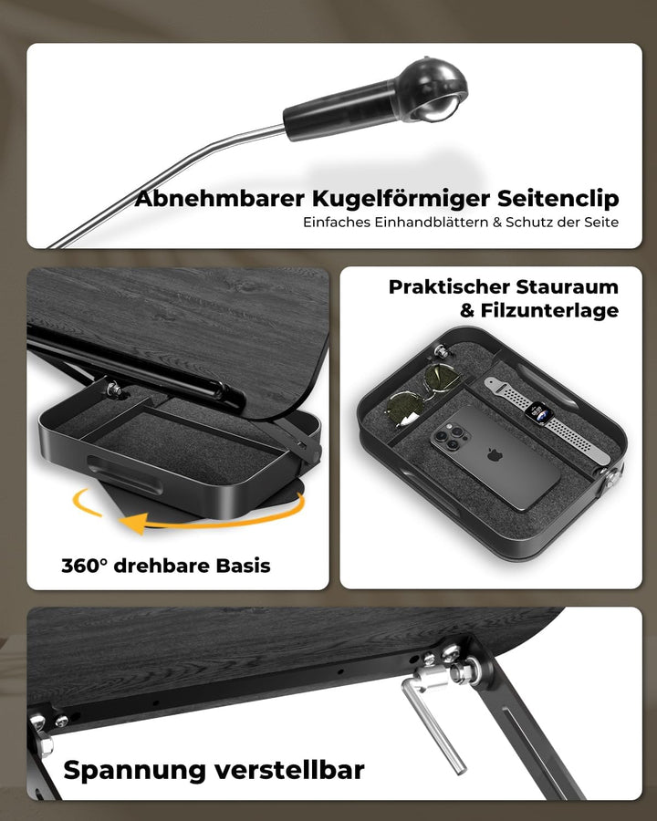 SupeDesk Buchständer Holz mit praktischem Stauraum, 360° drehbarer Buchhalter Leseständer, höhenvers