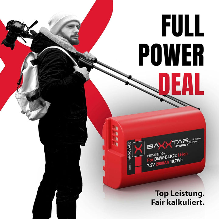 Baxxtar Pro DMW-BLK22 E Kamera-Akku 2X (2400mAh) - kompatibel mit Panasonic DC S5 S5II S5II-X S5K G9