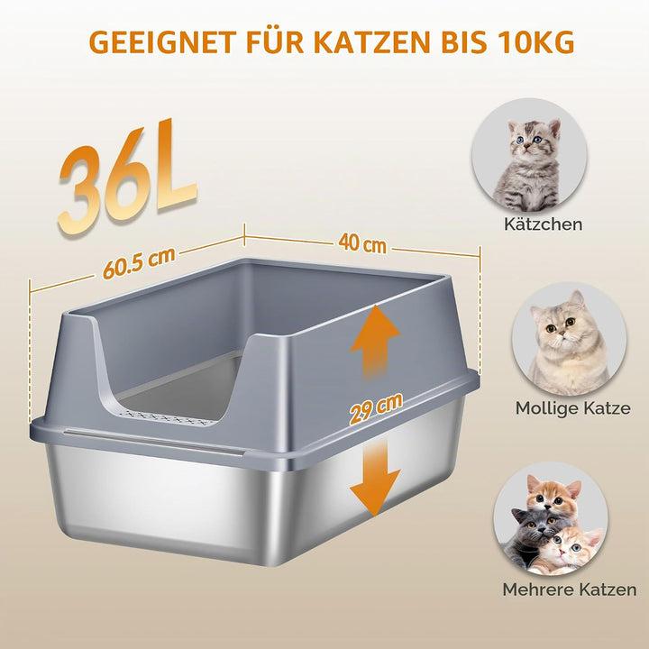 Katzenklo Edelstahl 2er Set, XXL Gross Katzentoilette, Dunkelgrau | Metall Katzentoilette mit Hoher