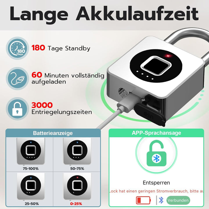 Smart Fingerabdruck Vorhängeschloss für Spinde, mit Bluetooth-App, IP65 wasserdicht, schlüsselloses