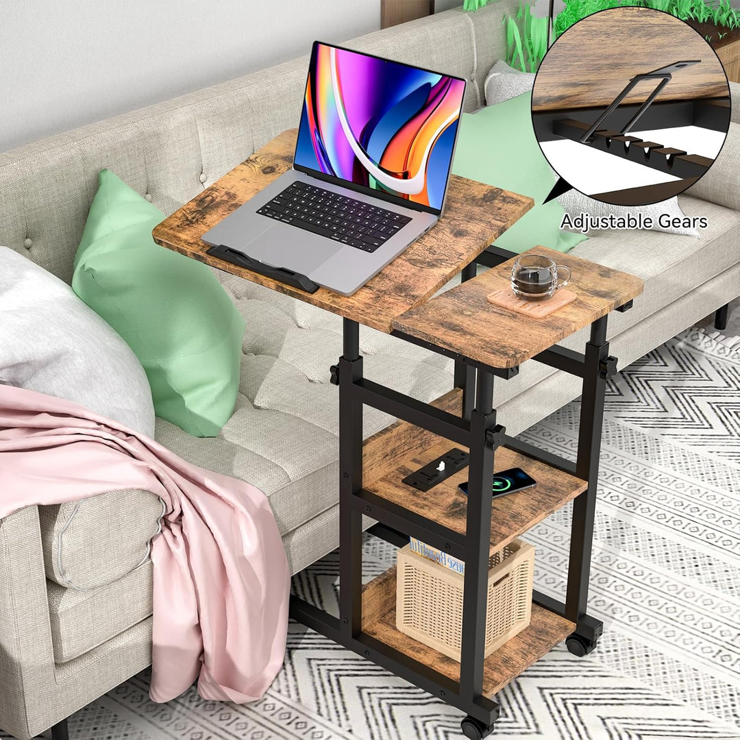 PIPIPOXER Beistelltisch mit Rollen, 80cm x 40 cm Sofatisch Rollen mit Steckdose & USB, Laptoptisch H