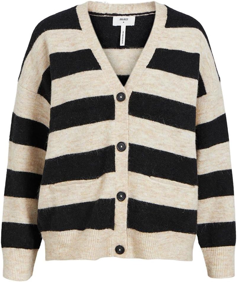Object Damen Objminna L/S Knit Cardigan Noos Strickjacke XS Sandshell/Stripes:black, XS Sandshell/St