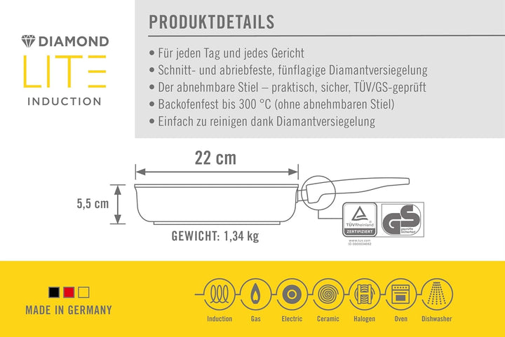 WOLL 1622DPI Schmorpfanne, quadratisch, Allzweckpfanne, Schwarz, 220 mm, 220 mm, 55 mm 22x22 cm, 5.5