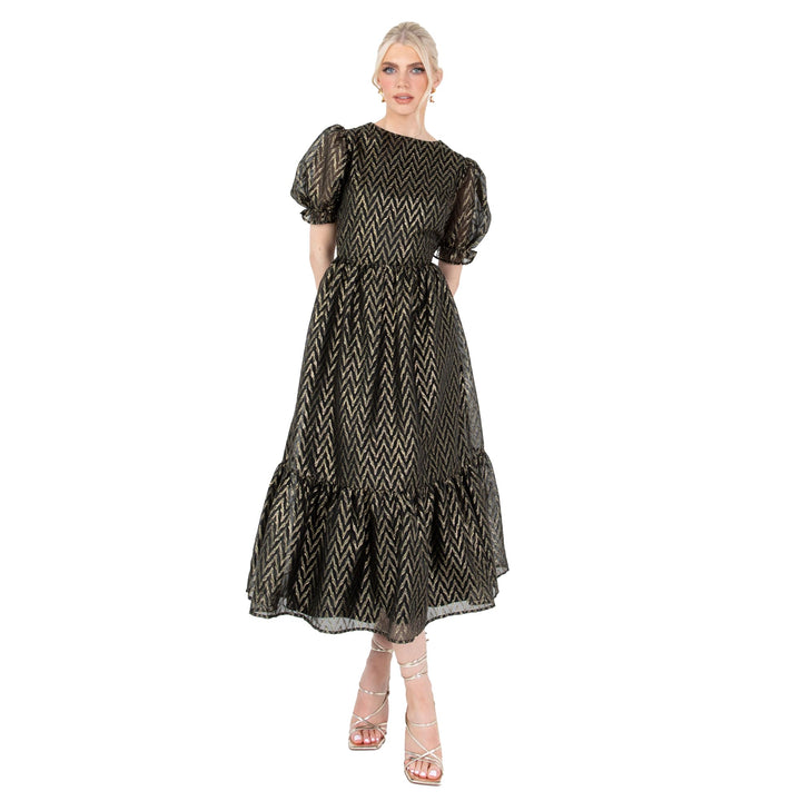 Women's Midaxi Dress Ladies Round Neck Short Puff Sleeves Metallic Zig-Zag Tie-Back A-line for Party