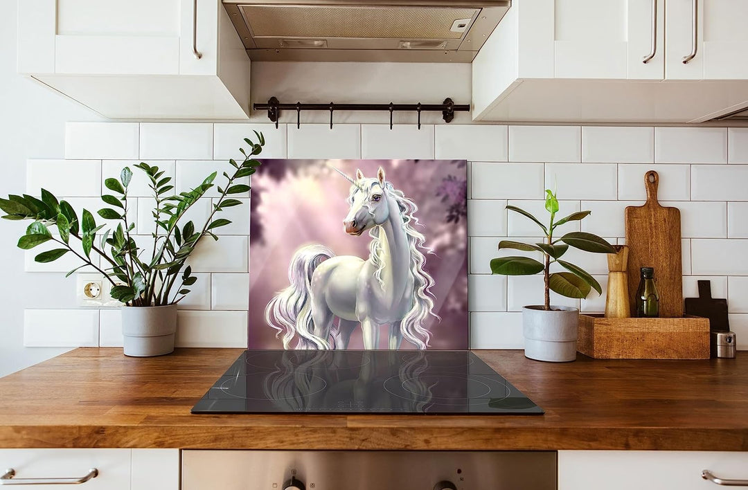 Pink äugiges Einhorn im rosa Märchenwald Herdabdeckplatte & Spritzschutz aus Echtglas | Für Herd-Koc