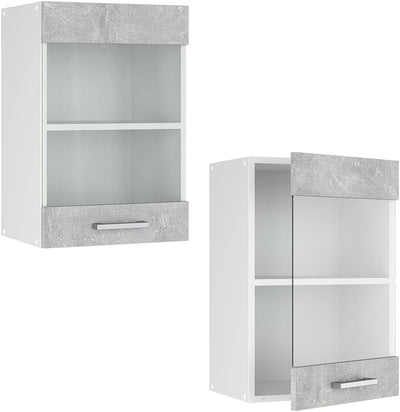 Vicco Küchenschrank Glas R-Line, Beton/Weiss, 40 cm Beton Hängeglasschrank 40cm, Beton Hängeglasschr